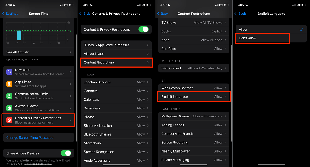 Screen Time > Content & Privacy Restrictions > Content Restrictions > Explicit Language and select Don’t Allow