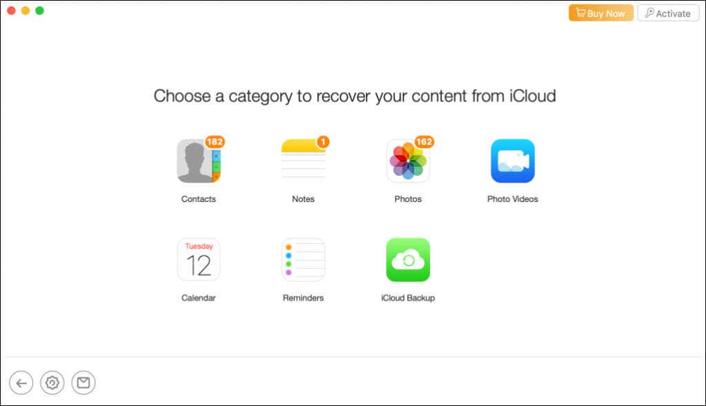 Choose a category to recover your content from iCloud