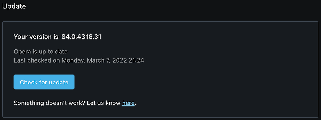 Opera > Update & Recovery > Check for update