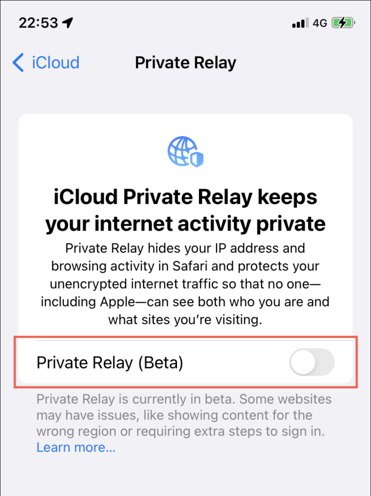 Settings > Apple ID > iCloud > Private Relay (Beta)