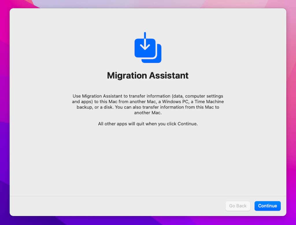 Migration Assistant screen 