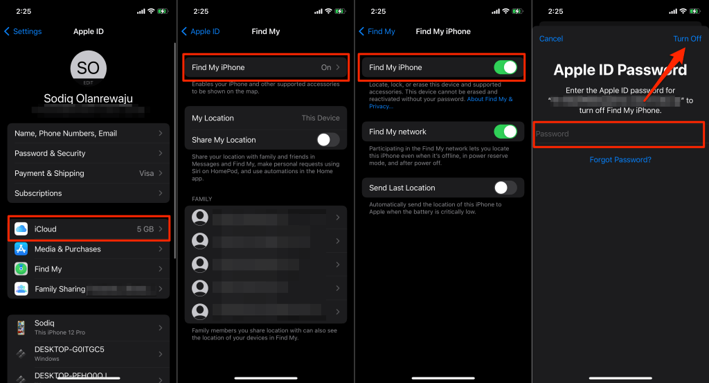 Open the Settings app, tap your Apple ID name, select Find My, and turn off Find My. Next, enter your Apple ID passw