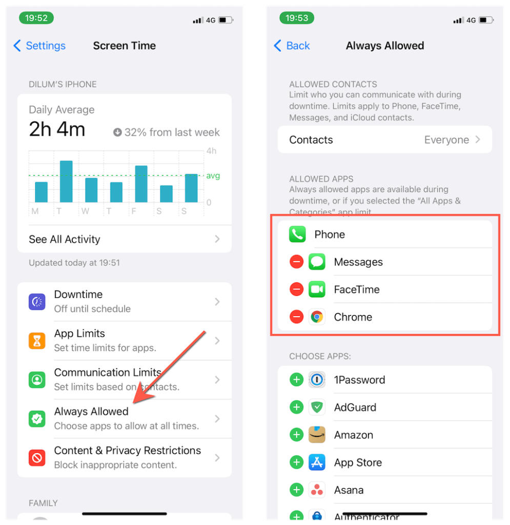 Screen Time > Always Allowed
