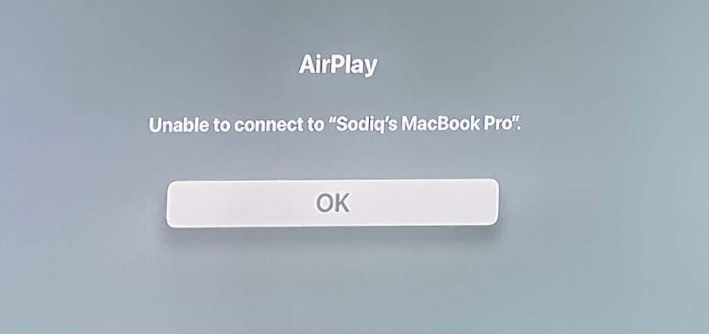 "Unable to Connect" screen 
