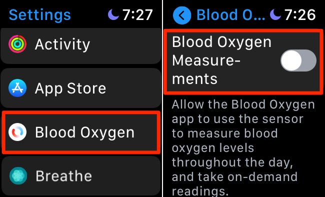 Settings > Blood Oxygen > Blood Oxygen Measurements