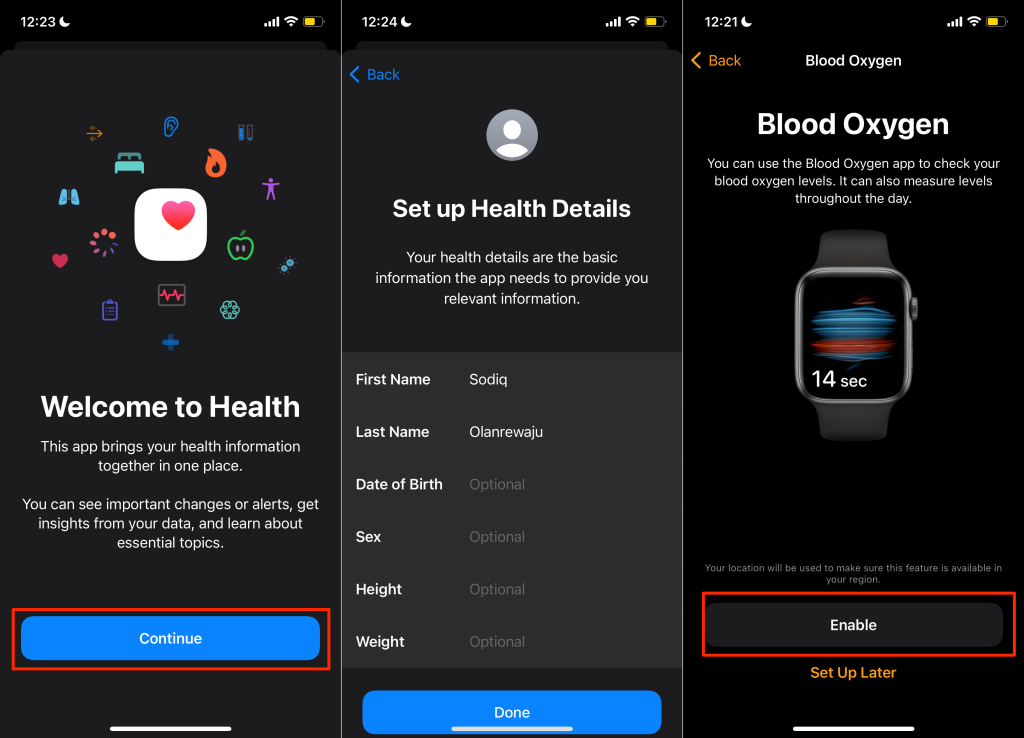 Health app screens