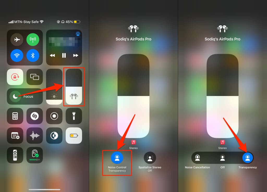 Open your iPhone’s Control Center, long-press the Volume slider, tap Noise Control, and select Transparency
