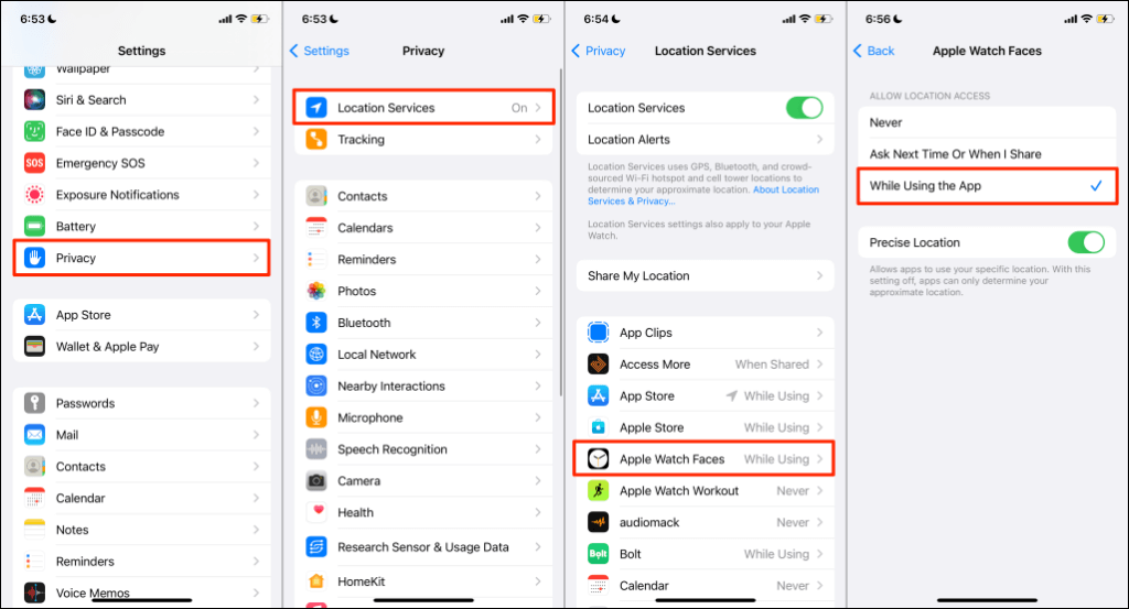 Settings app, select Privacy > Location Services > Apple Watch Faces and select While Using the App. Additionally, make sure you toggle on Precise Location