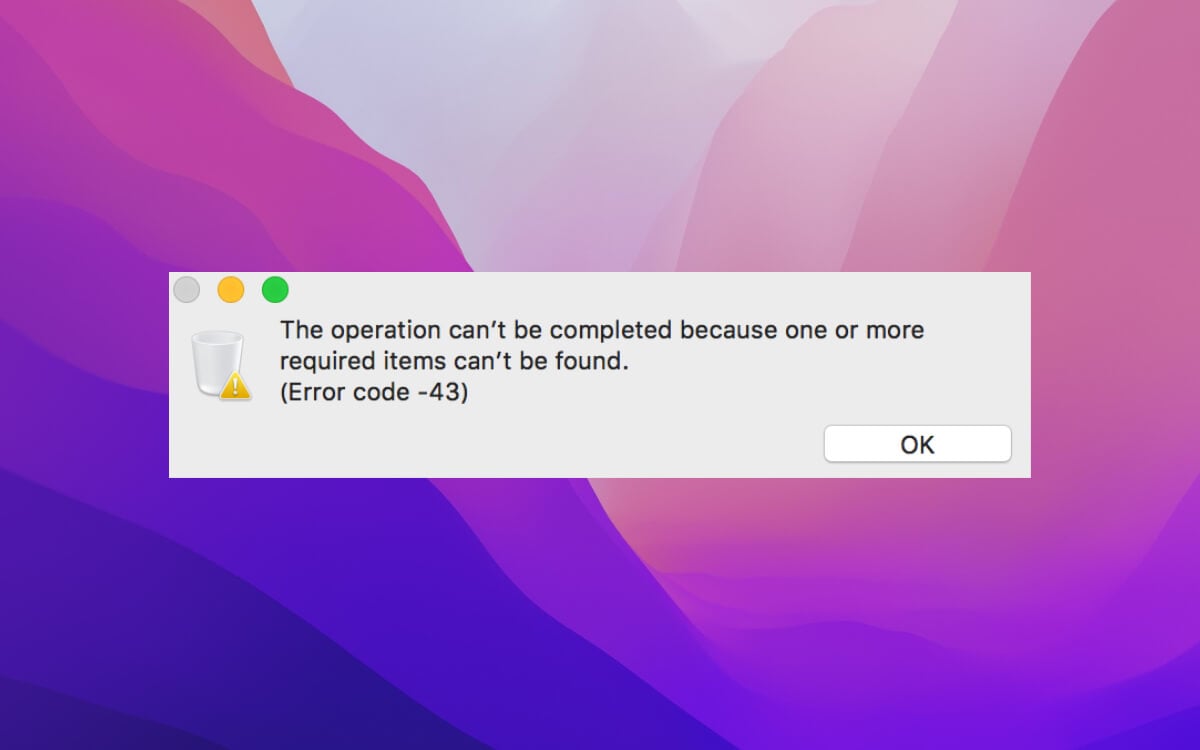 An error message stating the operation can't be completed due to missing items, showcasing image.