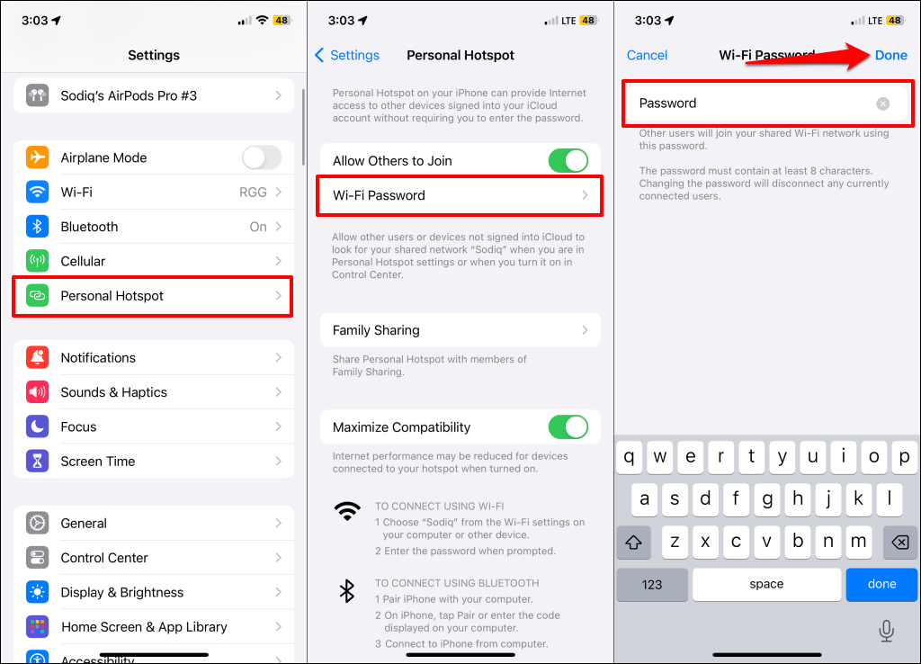 Personal Hotspot password settings page on iPhone