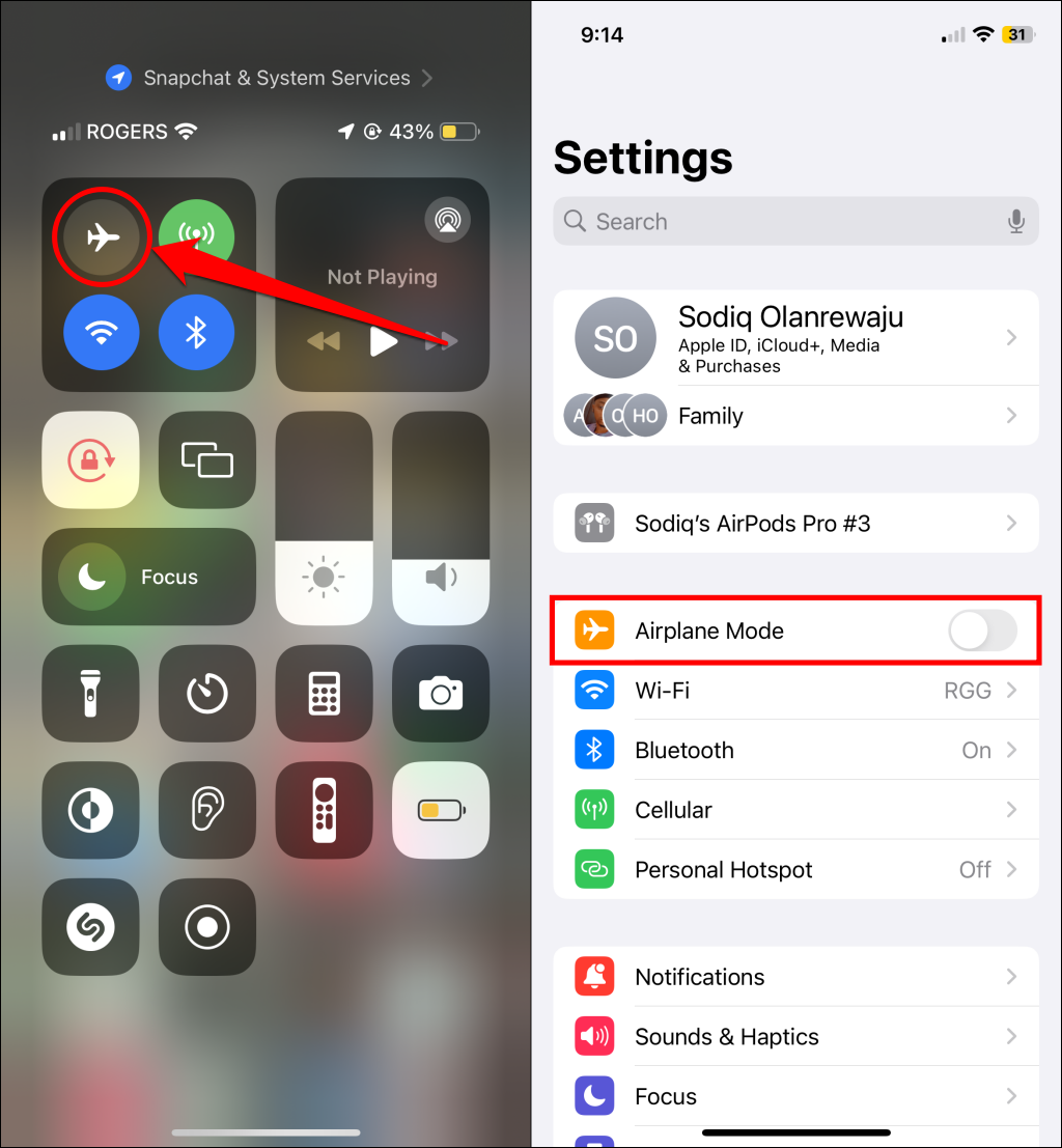 Airplane Mode in iPhone Control Center and Settings menu