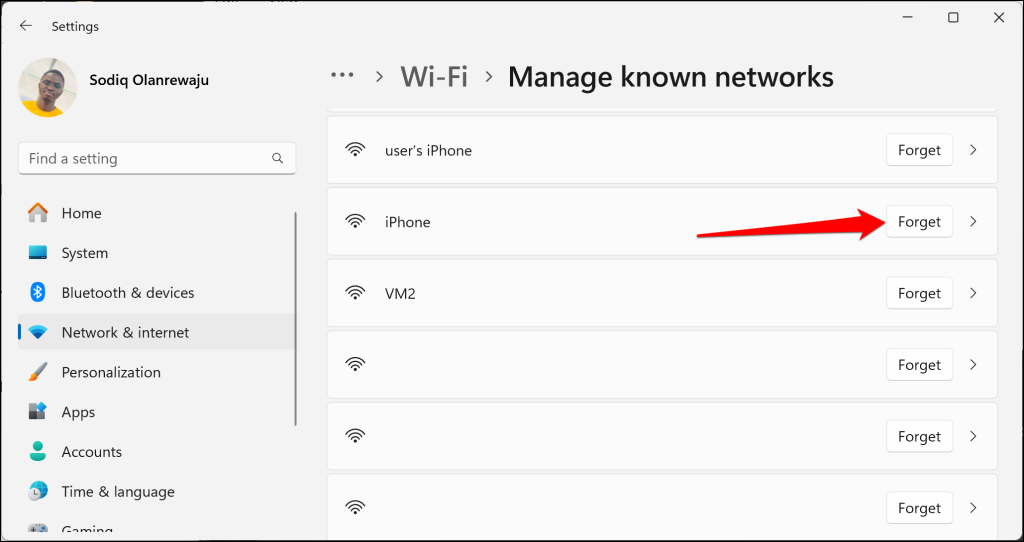 "Manage known networks" page in Windows 11 Wi-Fi settings menu