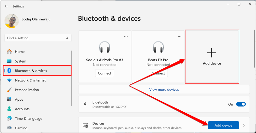 Bluetooth & devices settings page in Windows