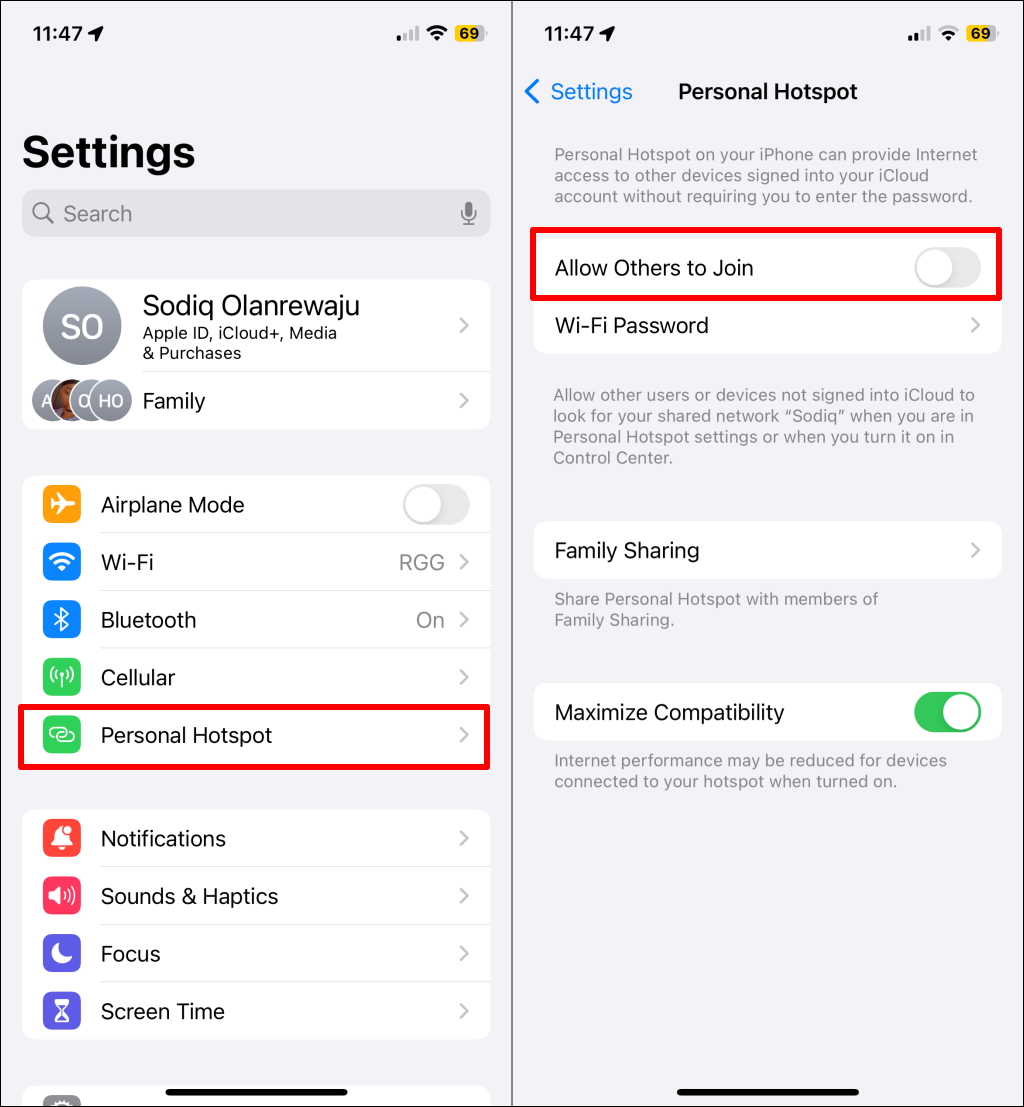 Personal hotspot settings page on iPhone
