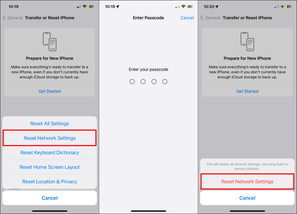 Reset network settings option on iPhone