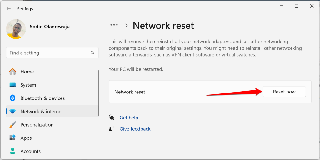 Network reset page in Windows
