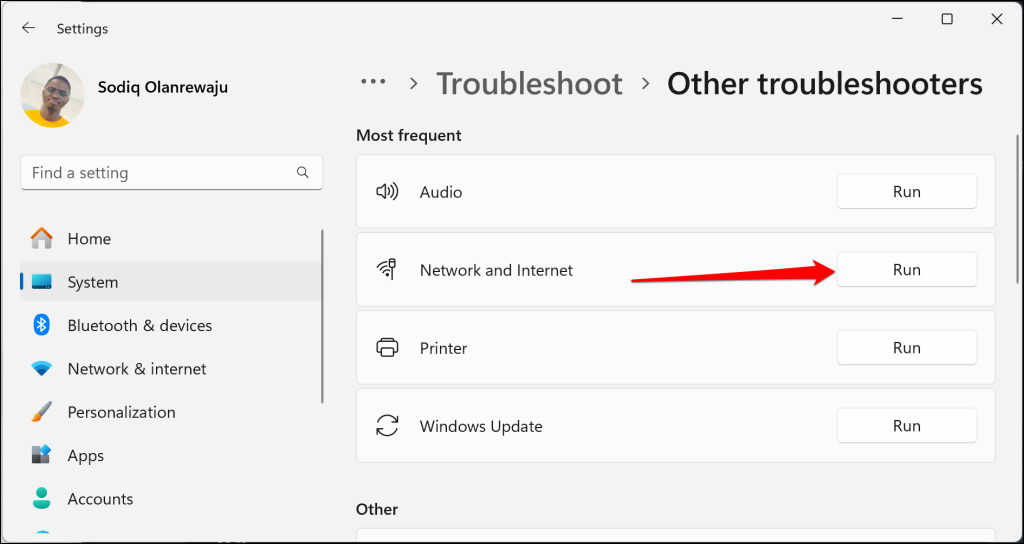 Network and Internet troubleshooter in Windows