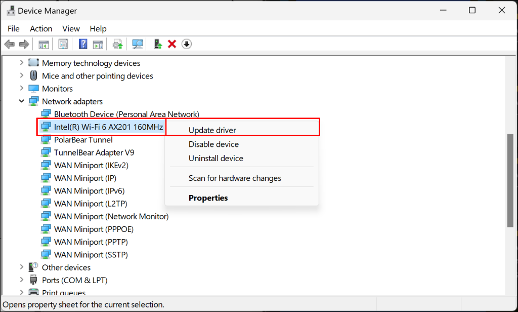 Update Wi-Fi driver in Windows Device Manager