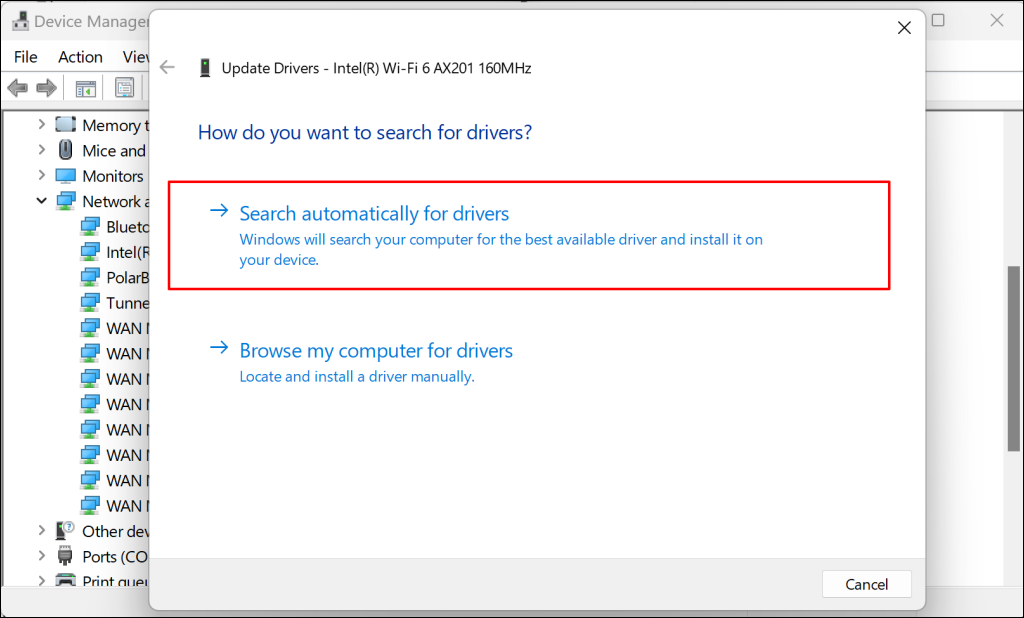 Update driver window in Windows Device Manager