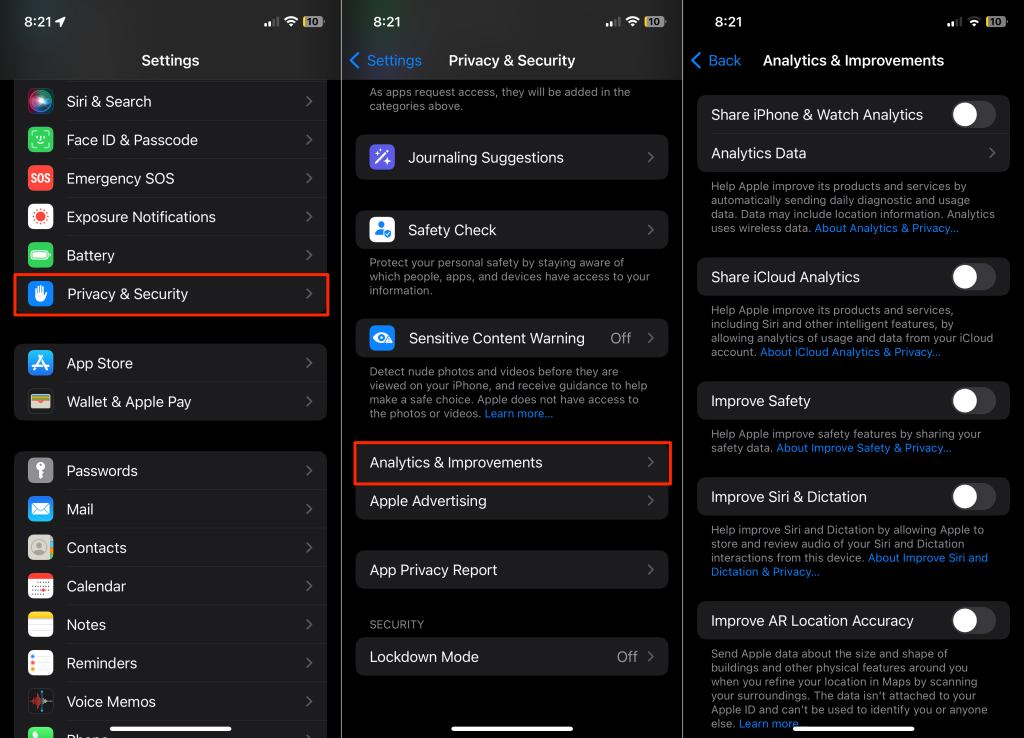 "Analytics & Improvements" settings page in iOS