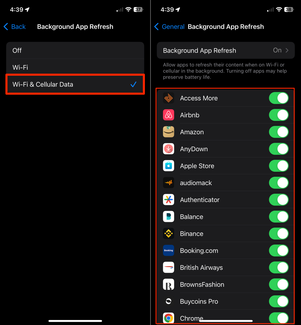 Background App Refresh settings on iPhone