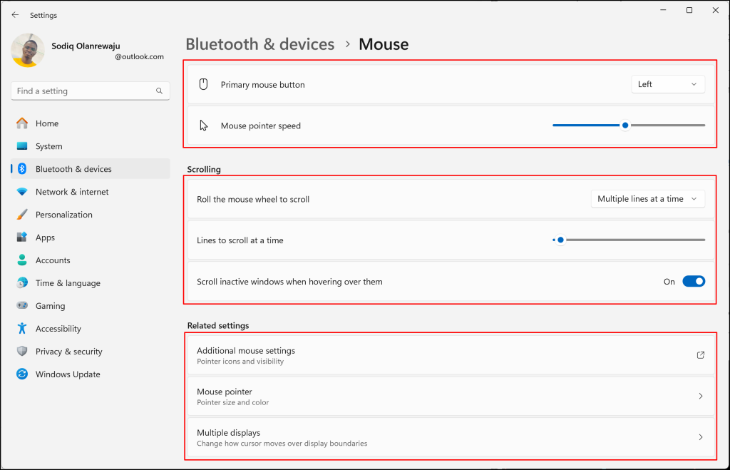 Mouse configuration screen in Windows 11 Settings menu
