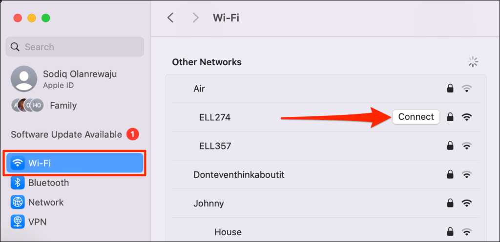 Connect to Wi-Fi macOS System Settings
