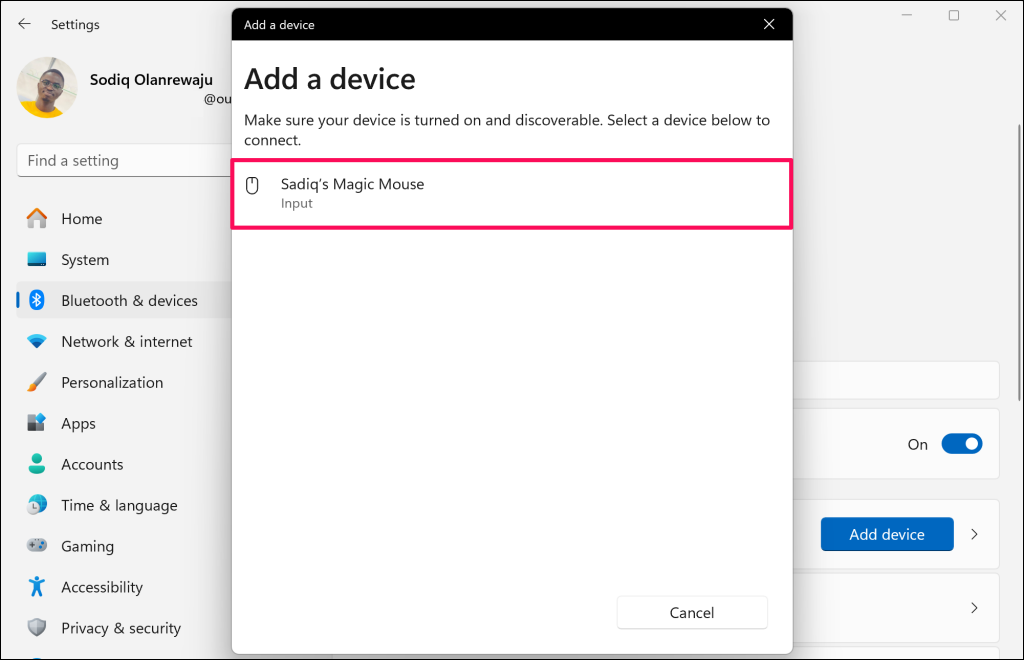 Magic Mouse on Windows 11 Bluetooth pairing menu