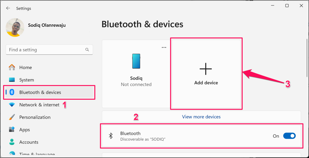 "Bluetooth & devices" settings page in Windows 11
