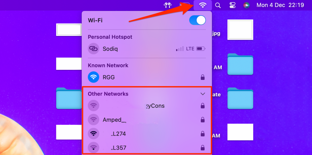 Wi-Fi menu on Mac's menu bar