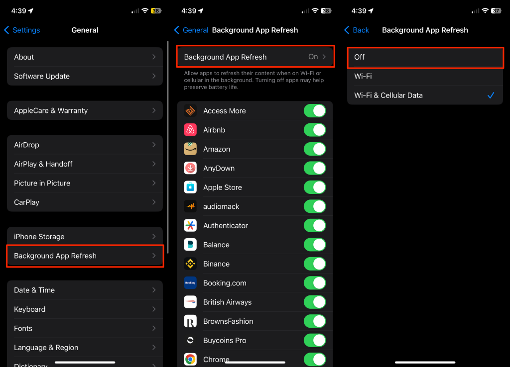 Steps to turn off Background App Refresh in iOS