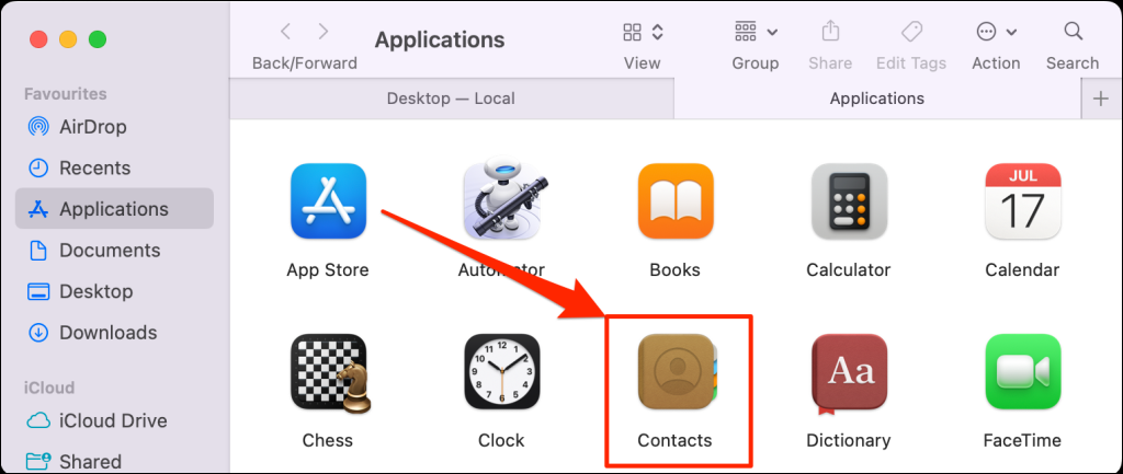 Contacts app in the Applications folder in Mac Finder