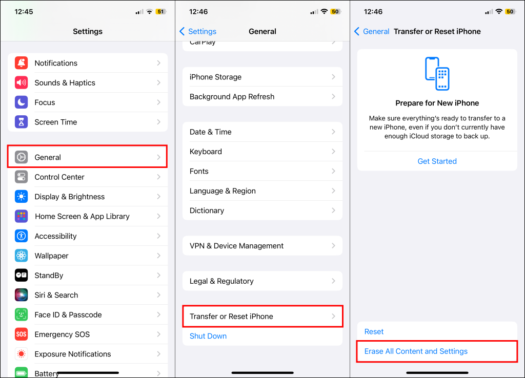 "Erase All Content and Settings" option in iPhone settings