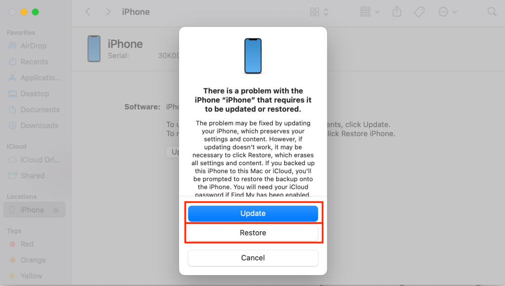 iPhone Recovery Mode options (Update, Restore, or Cancel) in Finder 