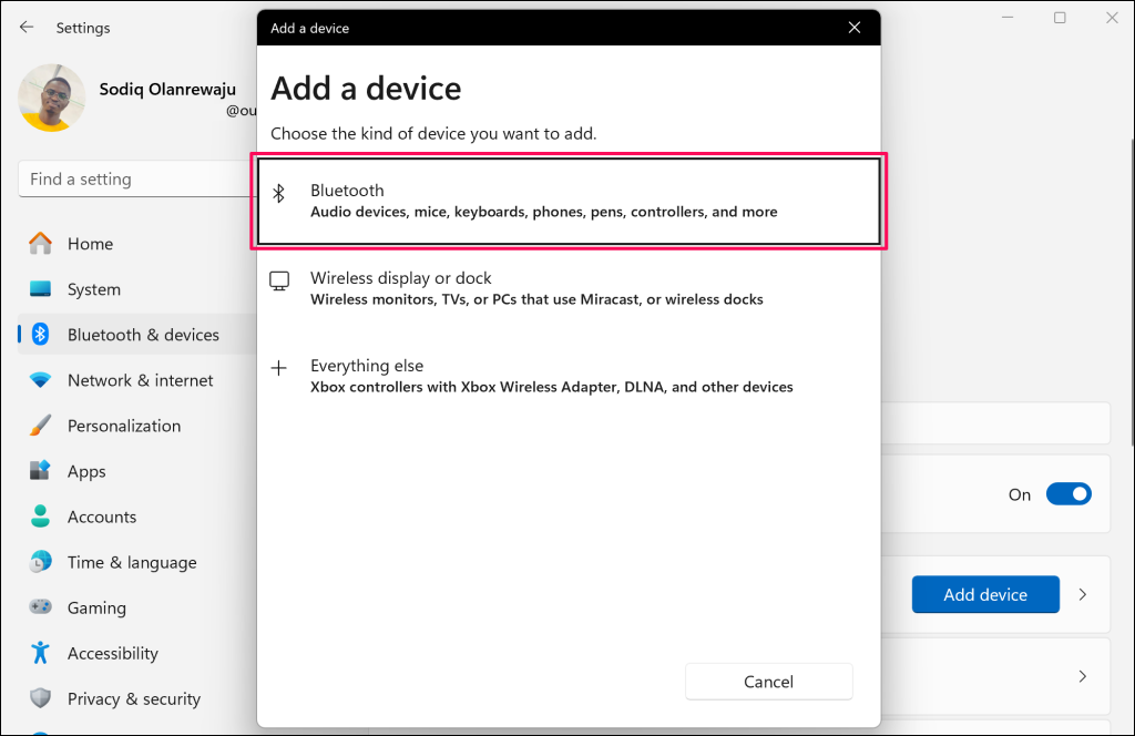 Bluetooth option on the "Add a device" window in Windows 11 