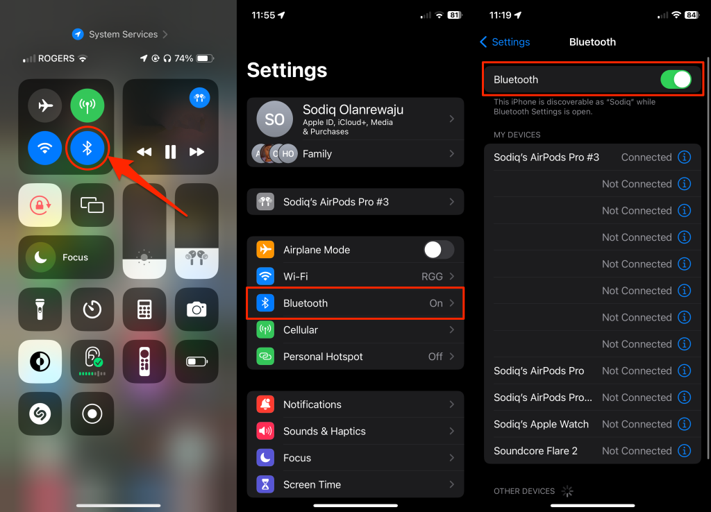 Bluetooth option on iPhone's Control Center and Settings menu