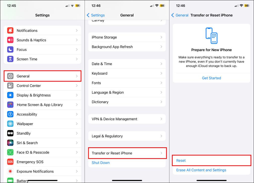 "Transfer or Reset iPhone" page on iPhone settings page 