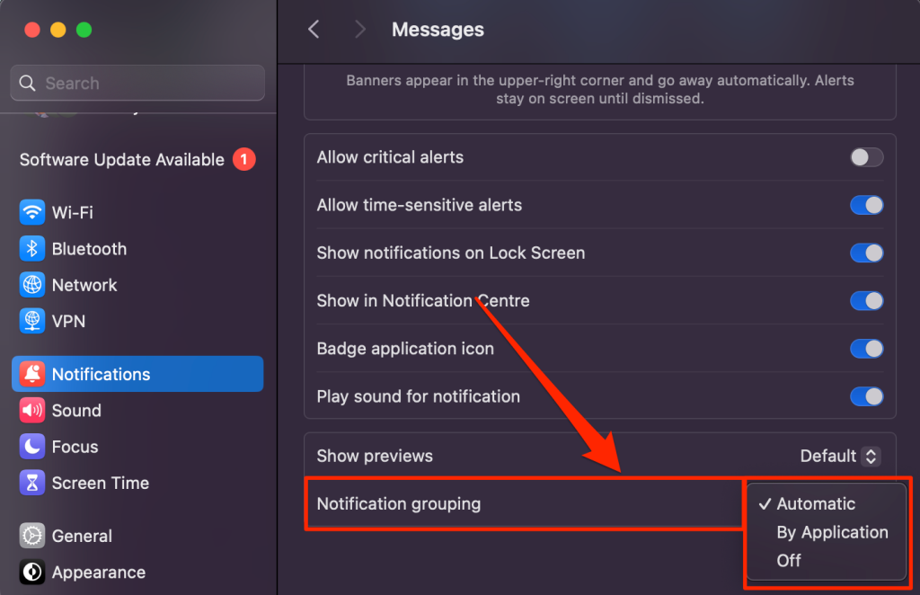 Notification grouping settings on Mac