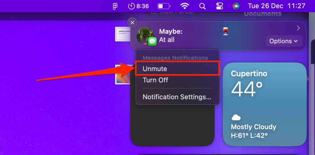 unmuting a message in the Notification Center