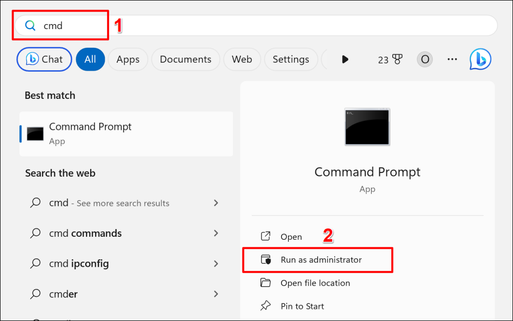 "Run as administrator" option for Command Prompt in Windows 11 Start menu