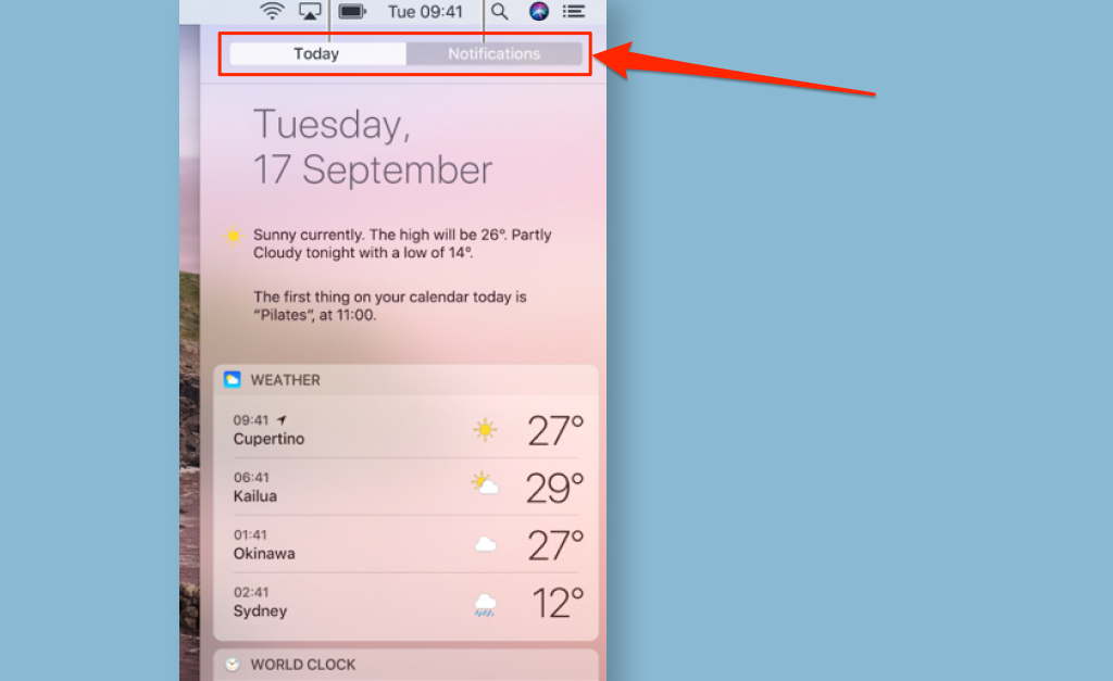 "Today" and "Notifications" tab in macOS Catalina Notification Center