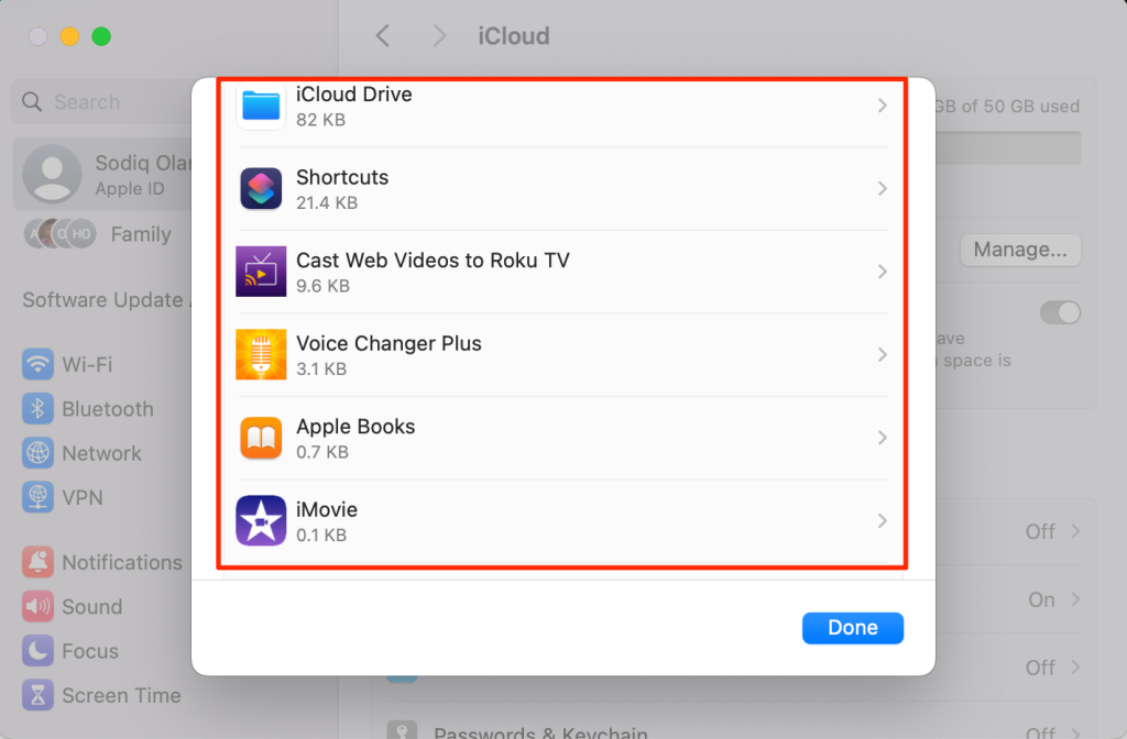 Delete app iCloud backup on Mac