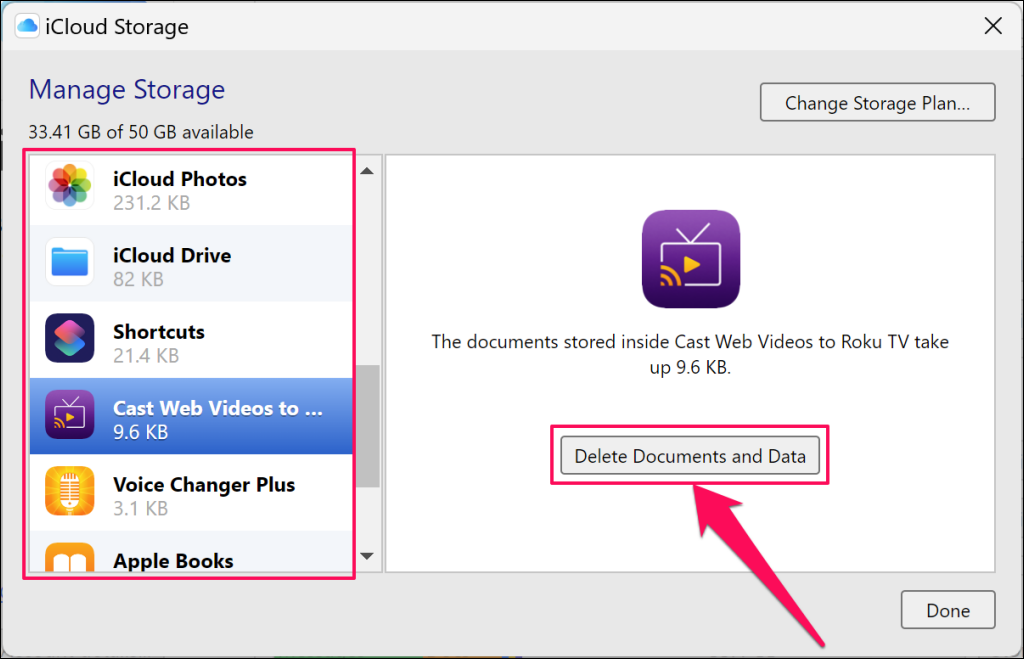 Delete app documents and data in iCloud for Windows