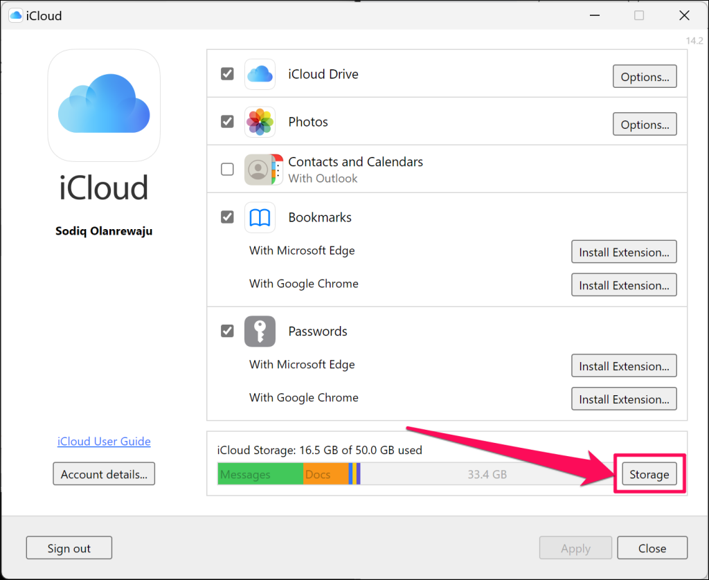 iCloud Storage settings in Windows