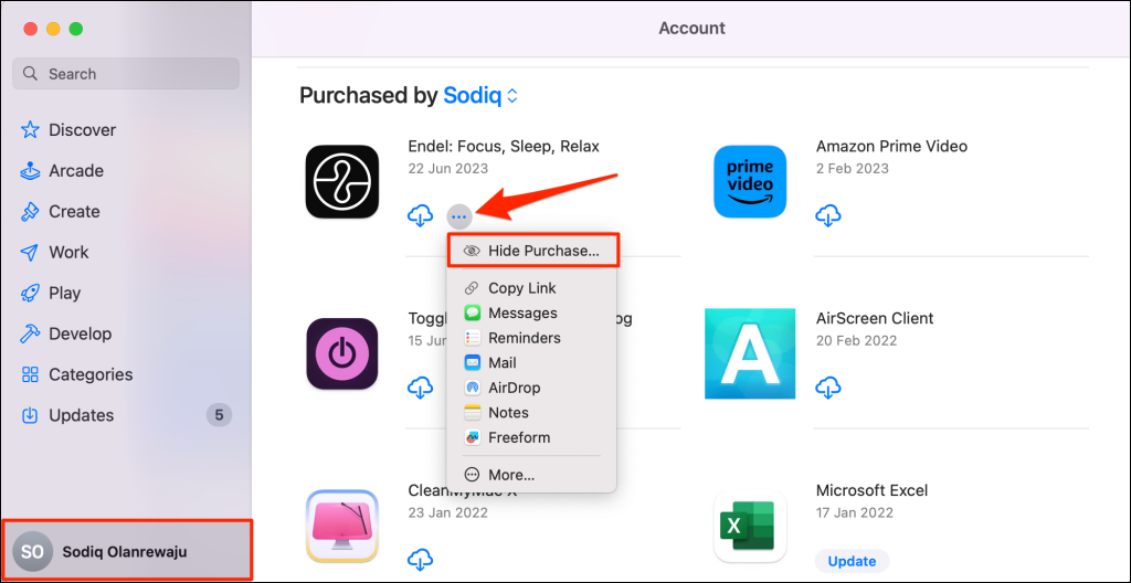Hide app from purchase history on Mac App Store