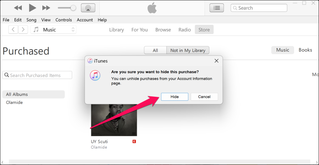 Hide purchases in iTunes on Windows