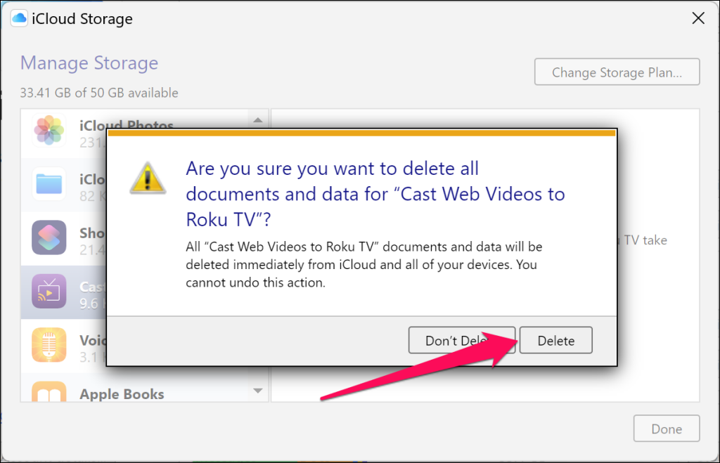 Delete app data in iCloud on Windows