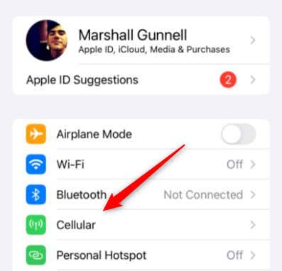 Arrow pointing to cellular on iPhone settings