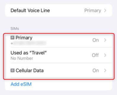 List of esims on iPhone settings