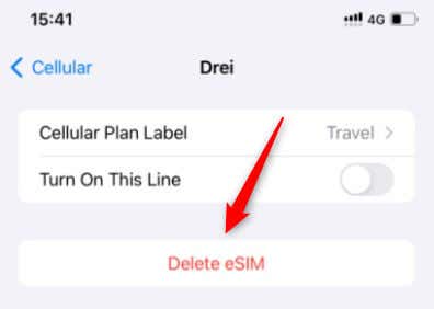 Delete eSIM button on iPhone settings